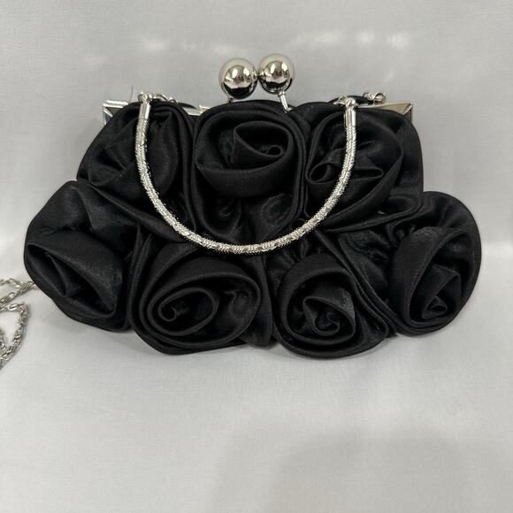 Women's Black Evening Clutch Floral Handbag Party Purse Detachable Chain Strap - Picture 7 of 16